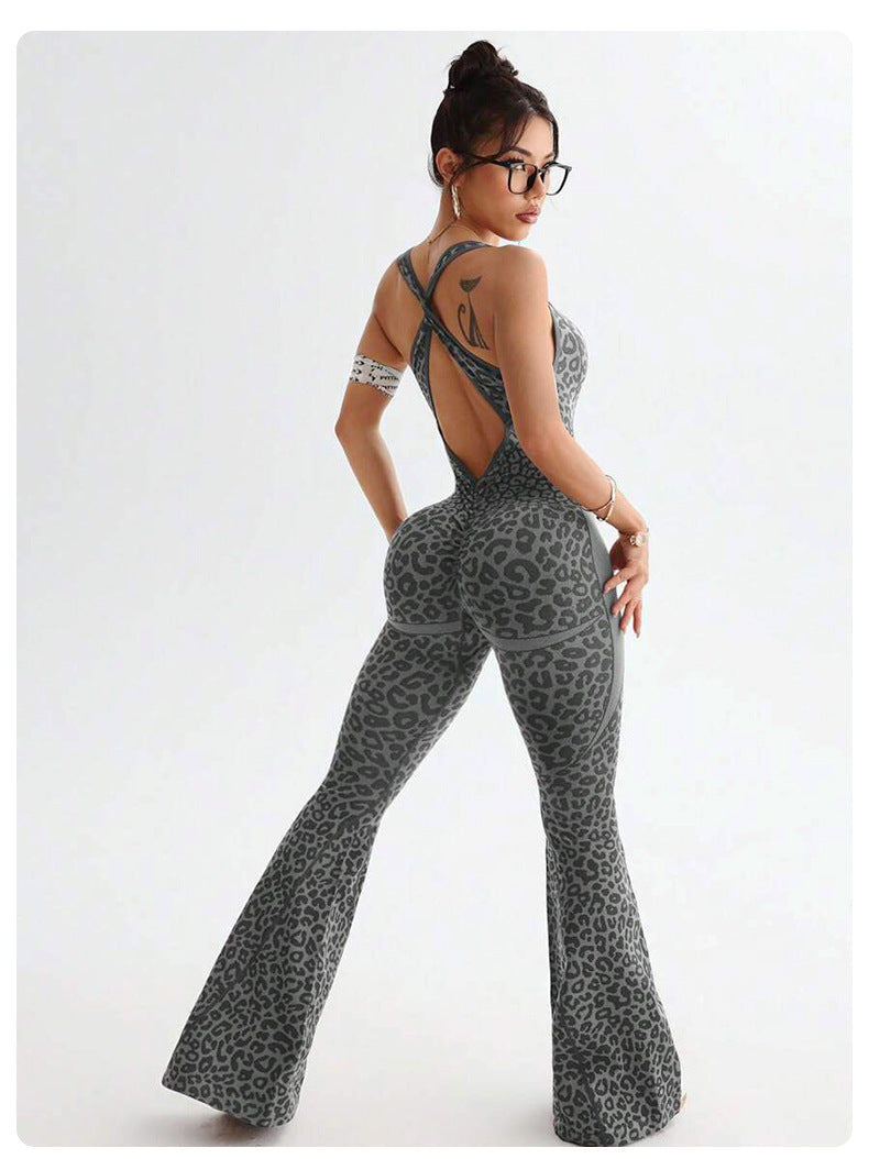 Cross-Back Flared Yoga Jumpsuit - Open Back and Scoop Neck