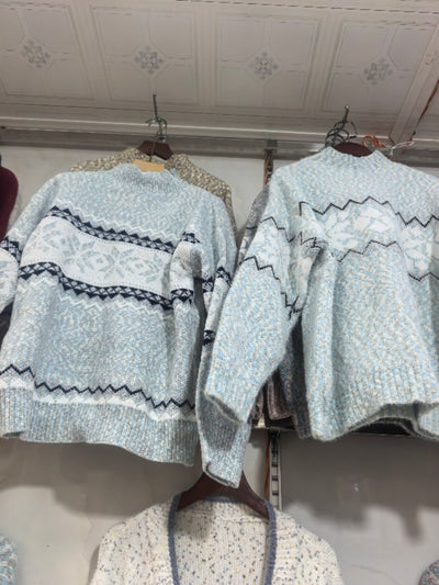 Christmas Snowflake Knit Sweater - Mock Neck and Ribbed Trim