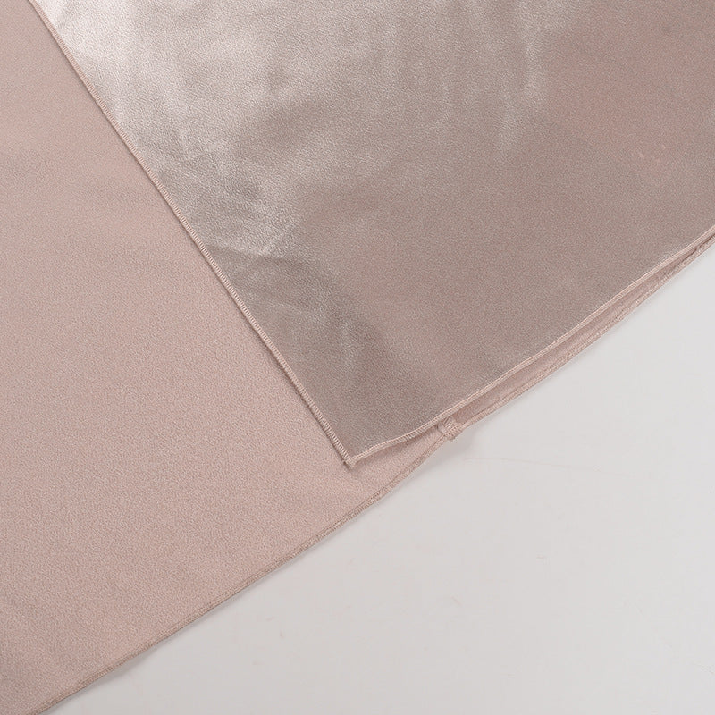 Champagne satin dress V-shape hem edge with clean topstitching