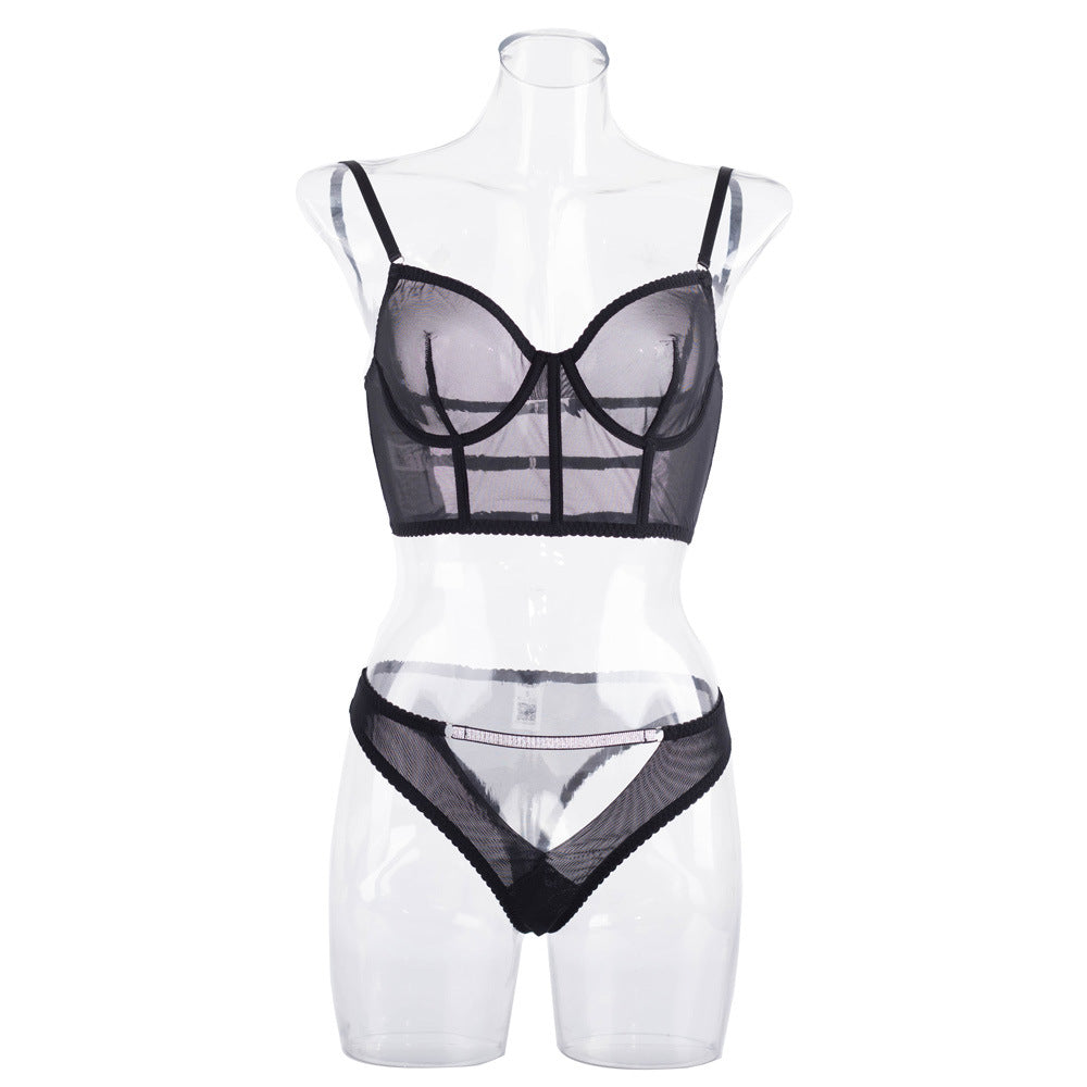 Black mesh underwire bustier and matching thong with thin shoulder straps