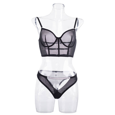 Black mesh underwire bustier and matching thong with thin shoulder straps