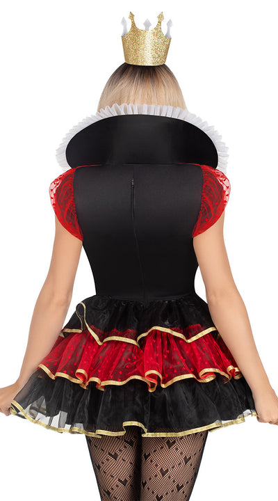 Queen costume back: black jacket bodice, red puff sleeves, layered ruffle skirt, diamond collar