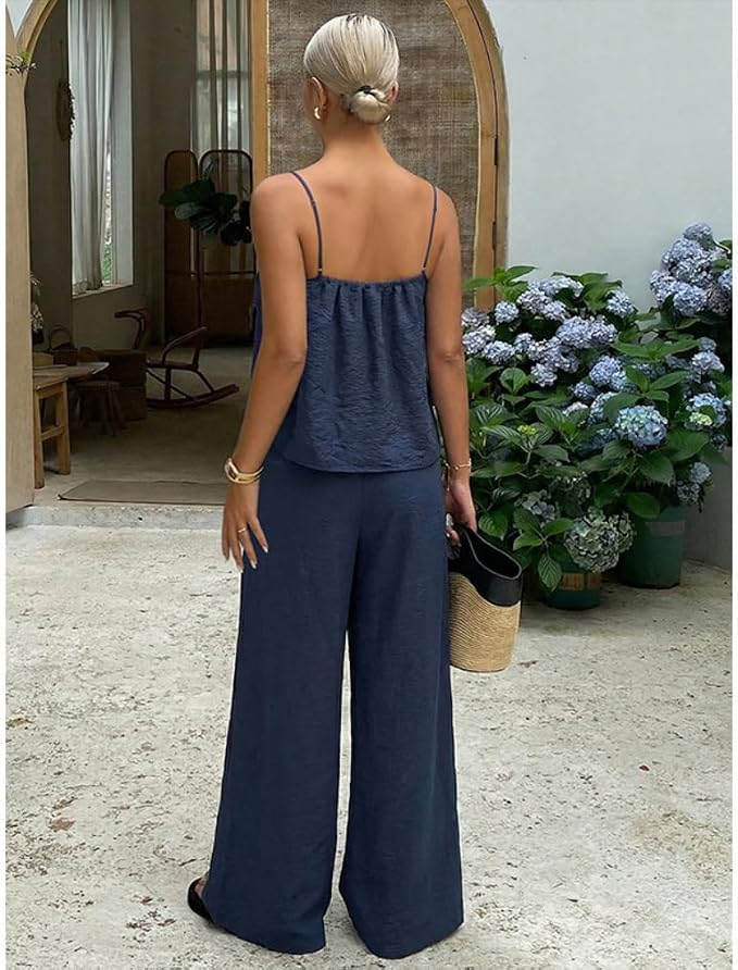 Lace Trim Cami and Wide-Leg Pants Outfit Set