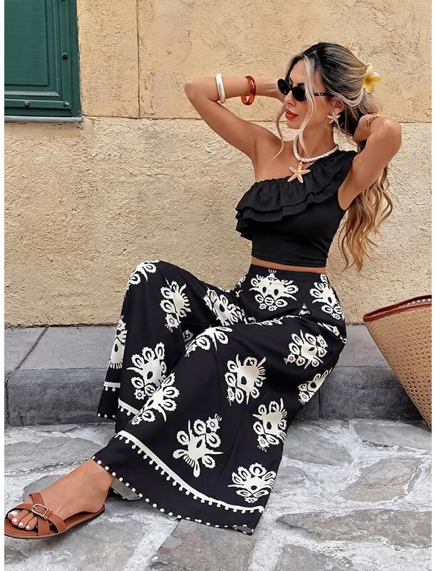 One-Shoulder Ruffled Crop Top and Wide-Leg Printed Pants Set