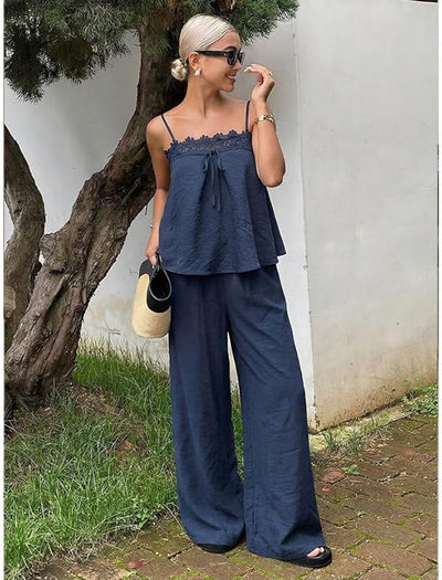 Lace Trim Cami and Wide-Leg Pants Outfit Set