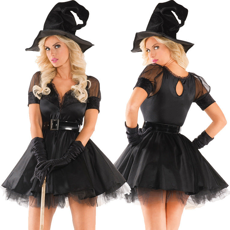 Black witch costume dress with fitted bodice, tulle skirt, belt, pointed hat