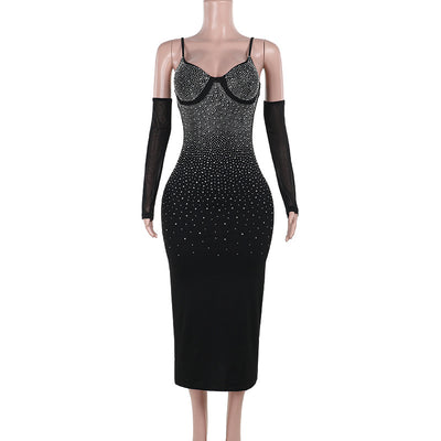 Bodycon Maxi Dress - Halter Diamond Embellished Slim Fit - Fashions Envy
