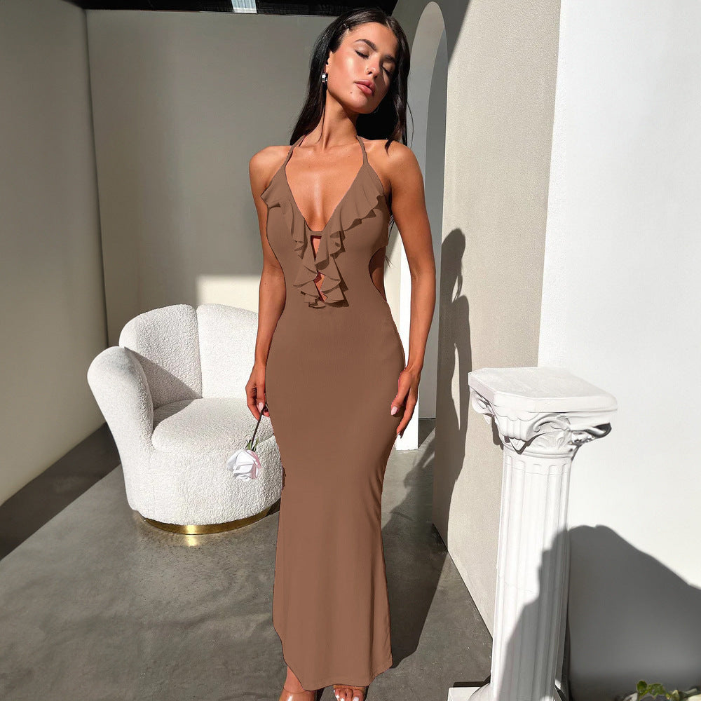 Women's Ruffled V Neck Halter Maxi Dress - Slim Fit Sling - Fashions Envy