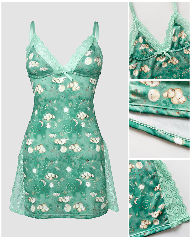 Lace Nightgown - Graphic Print Deep V-Neck Babydoll
