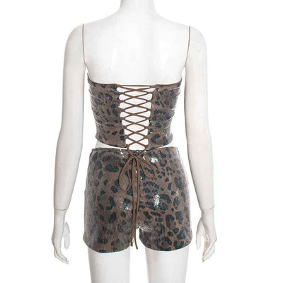 Sexy Leopard Print Outfit Set - Sequin Crop Top Fitted High-Waisted Shorts