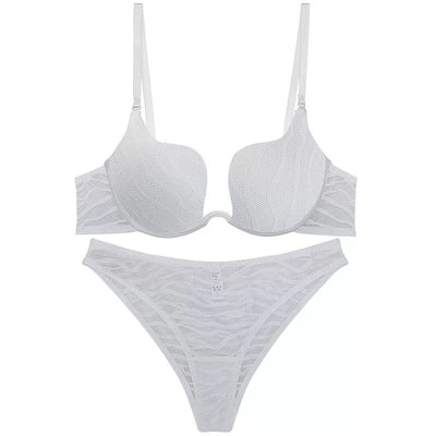 White wavy mesh plunge bra and thong set, matching, with adjustable straps