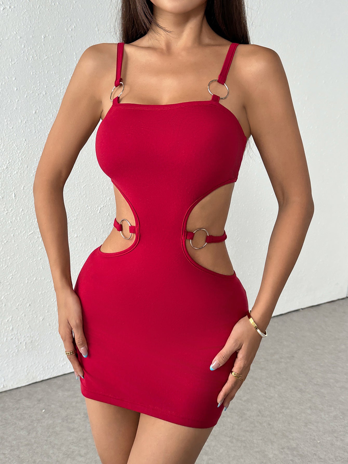Red O-Ring Cutout Bodycon Mini Dress - Square Neck Strappy
