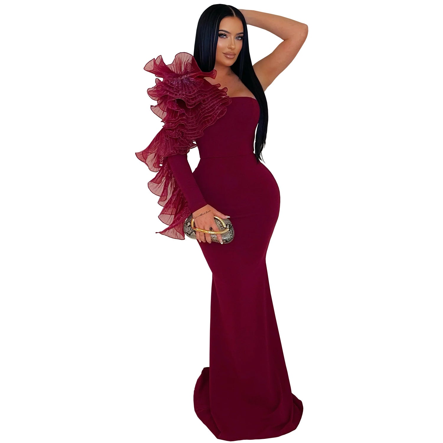 Single Ruffle Sleeve Fitted Dress - Elegant Fashion Gown