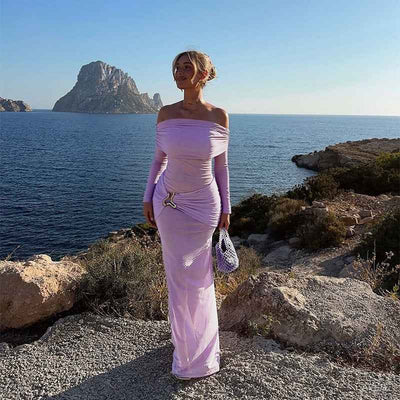 Off Shoulder Mesh Maxi Dress - Long Sleeve Bodycon Gown