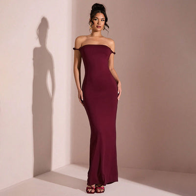 Burgundy Mermaid Maxi Dress - Off Shoulder Ruched Open Back