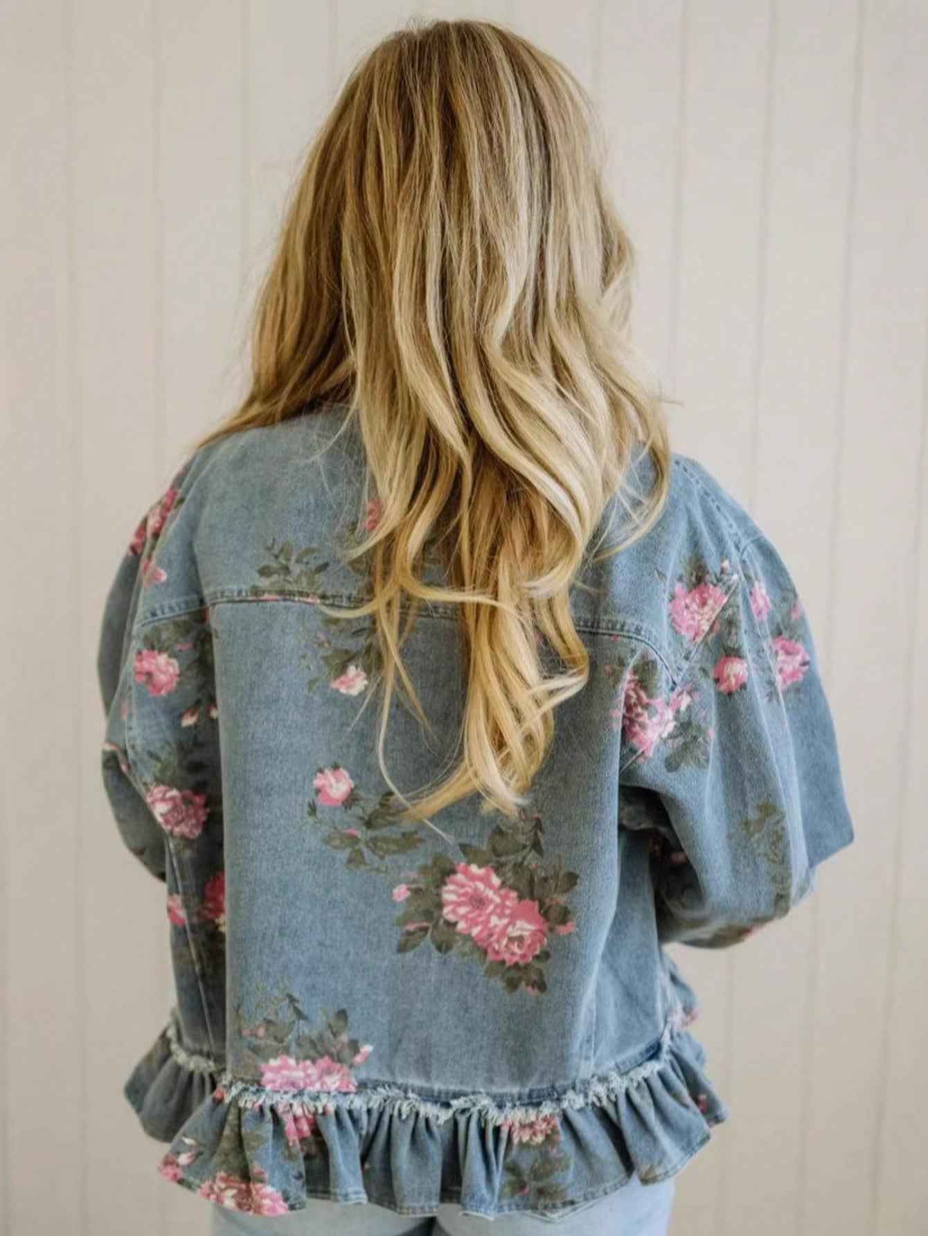 Retro Washed Floral Print Denim Jacket, Long-Sleeved, Collared, Ruffled Hem, Short Jacket