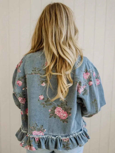 Retro Washed Floral Print Denim Jacket, Long-Sleeved, Collared, Ruffled Hem, Short Jacket