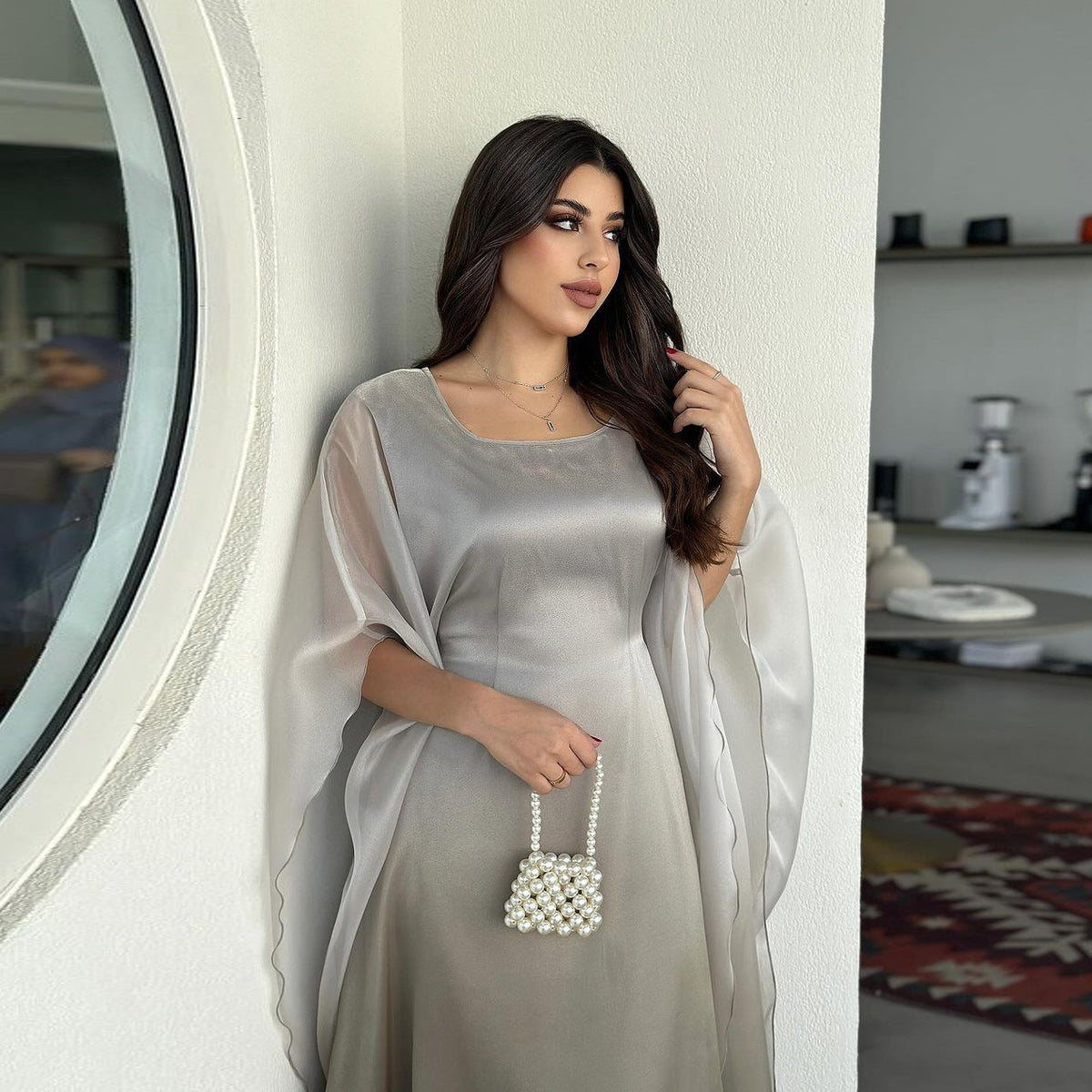 Ombre satin maxi dress with sheer draped batwing sleeves, gray-taupe ombre