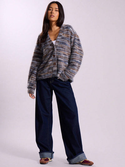 Melange Fleece Long Sleeve Cardigan - Vintage Deep V-Neck