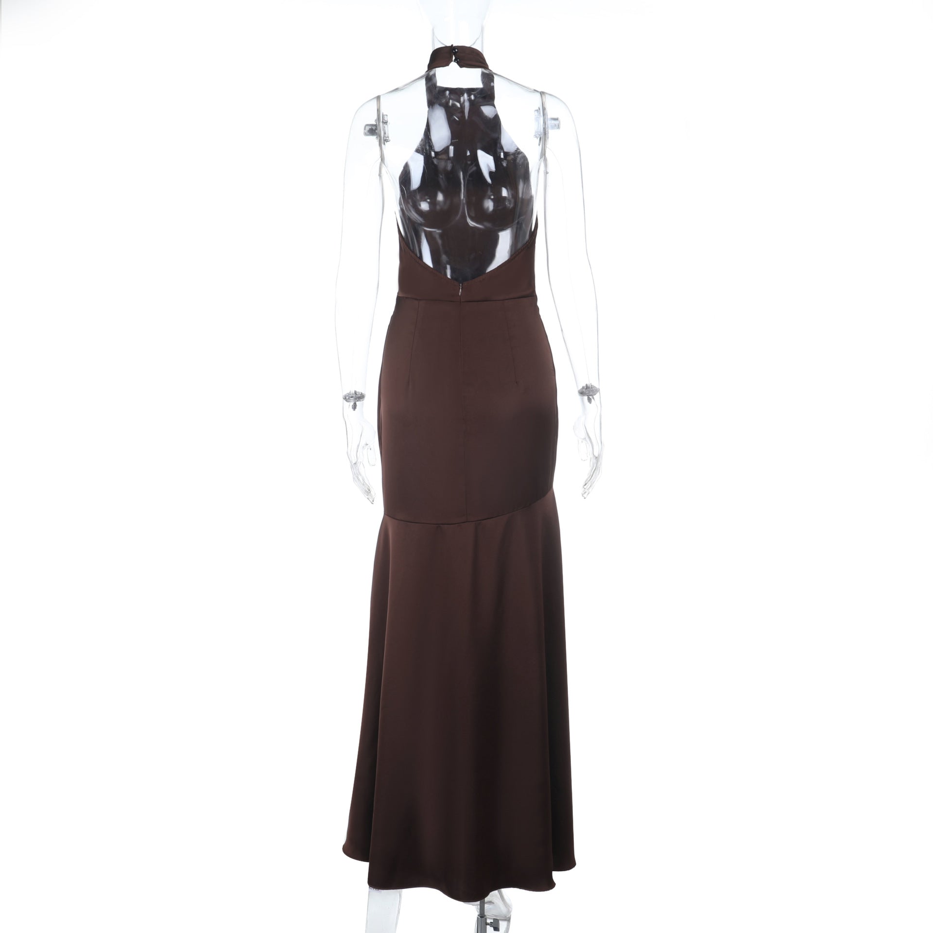 Satin Evening Gown - Halter Neck Slit Dress - Fashions Envy