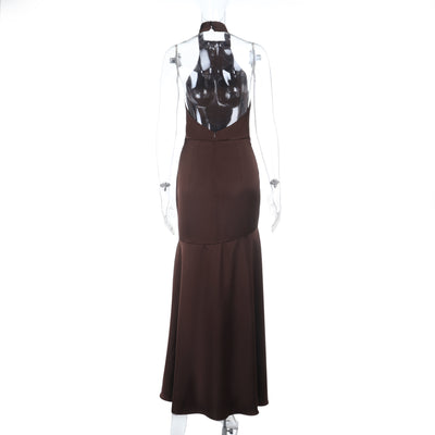 Satin Evening Gown - Halter Neck Slit Dress - Fashions Envy