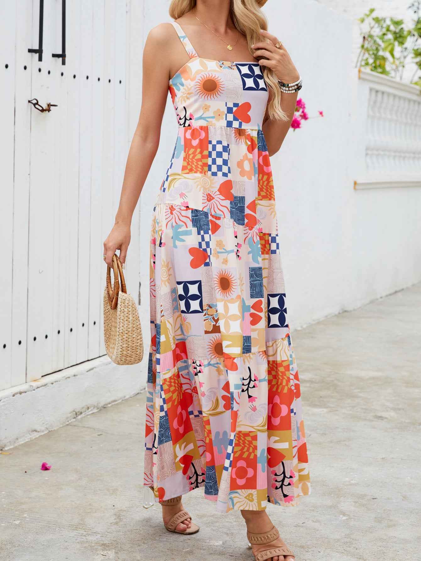 Floral Print Bohemian Maxi Dress - Square Neck Beach Vacation