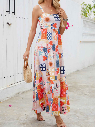 Floral Print Bohemian Maxi Dress - Square Neck Beach Vacation