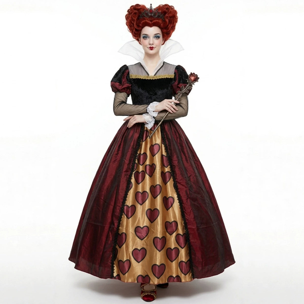 Queen-style cosplay dress with heart-print panel, black velvet bodice, red tiered skirt
