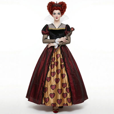 Queen-style cosplay dress with heart-print panel, black velvet bodice, red tiered skirt