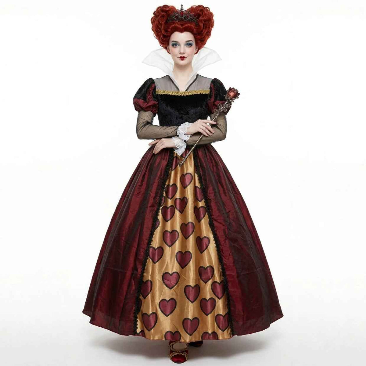 Halloween dress with heart-print skirt panel, black bodice and burgundy skirt
