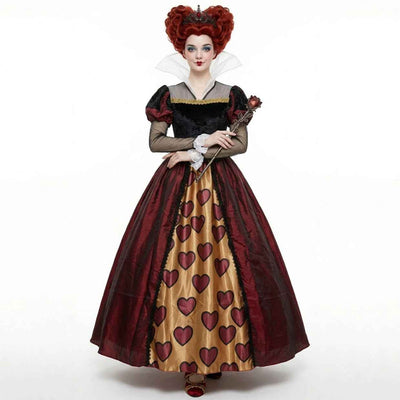 Halloween dress with heart-print skirt panel, black bodice and burgundy skirt