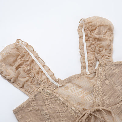 Khaki lace crop top with V-neck, front tie detail, ruffled neckline