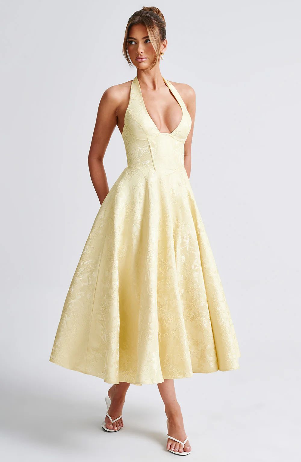 Jacquard Halter Midi Dress - Deep V Corset Waist A-Line Skirt