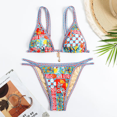 Colorful Floral Bikini Set - Triangle Top Chain Charm