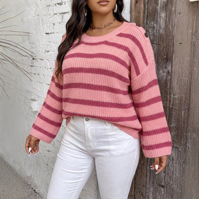 Pink and magenta striped knit pullover sweater with wide bell sleeves and crew neck