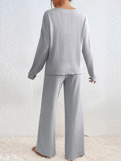 Ribbed Loungewear Set - V-Neck Top Wide-Leg Pants - Fashions Envy