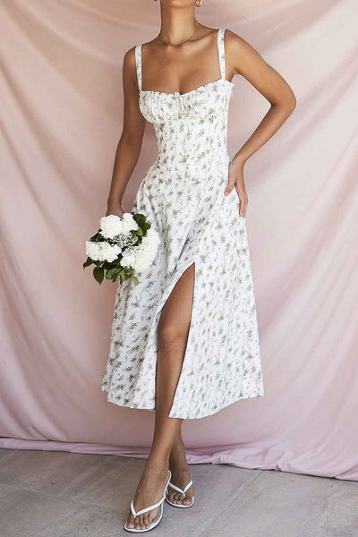 Corset Lace-Up Back Midi Dress - Wide Strap Side Slit
