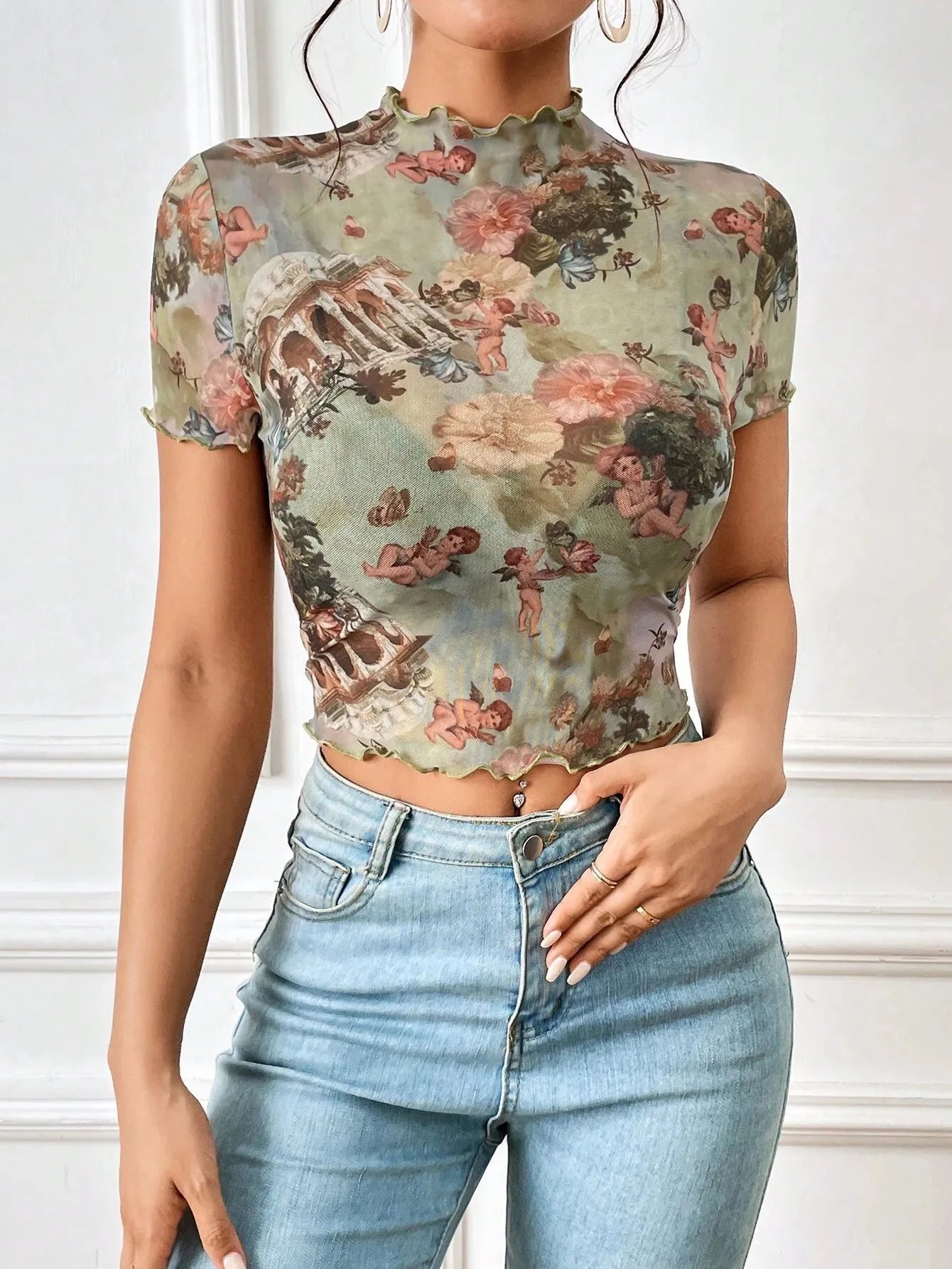 Abstract Print Ruffled Mock Neck Crop T-Shirt - Fashions Envy