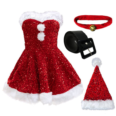 Sequin Santa Mini Dress - Strapless Faux Fur Trim Holiday Set