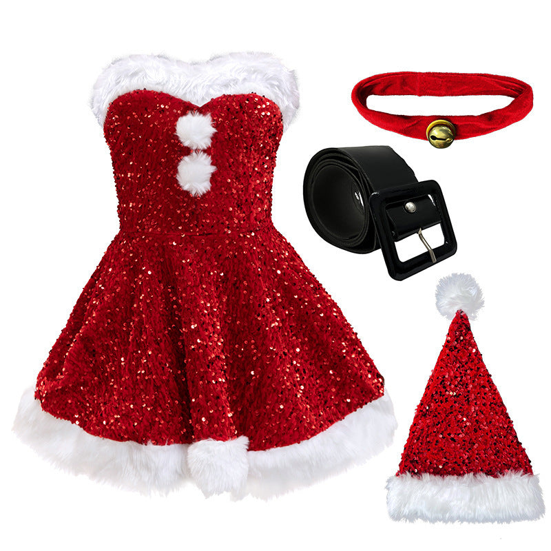 Sequin Santa Mini Dress - Strapless Faux Fur Trim Holiday Set