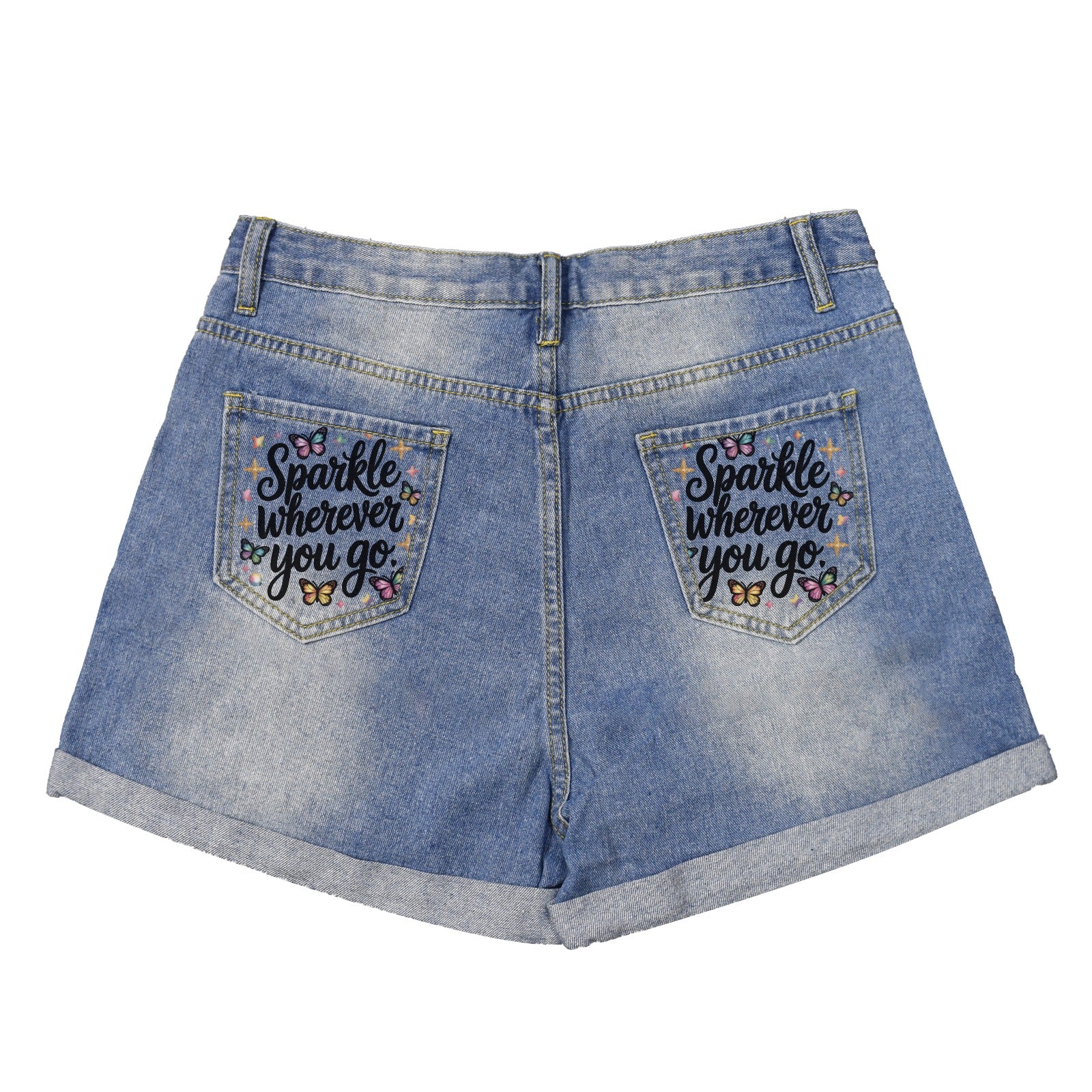 Butterfly Graphic Denim Shorts - "Sparkle Wherever You Go"