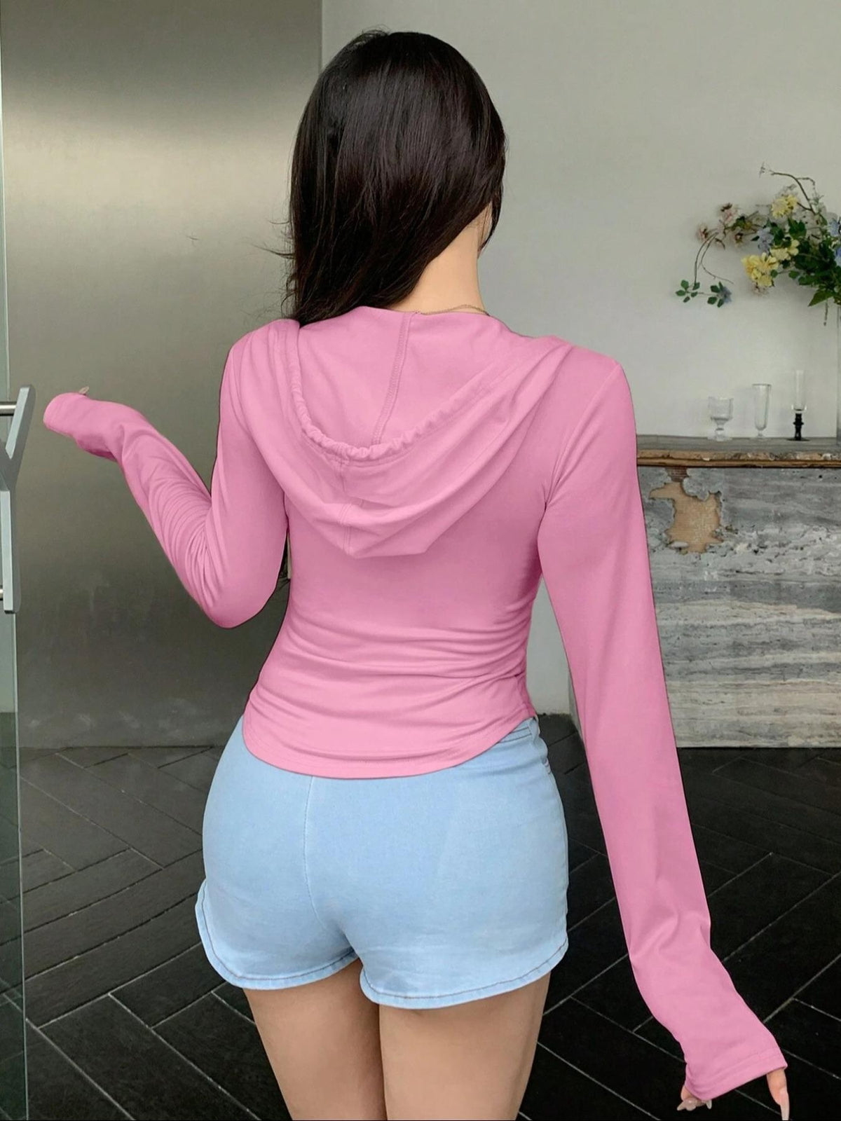 Women's Fitted Zip-Up Hoodie - Front Pockets and Drawstrings