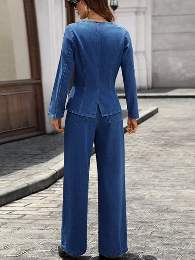 Button-Up Long Sleeve Denim Set - Top & Jeans Outfit - Fashions Envy
