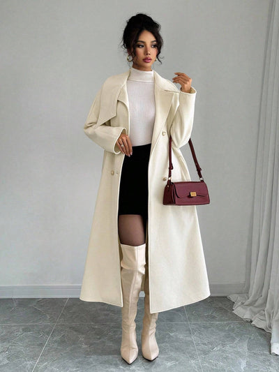 Double-Breasted Long Coat - Waist Tie & Wide Lapels
