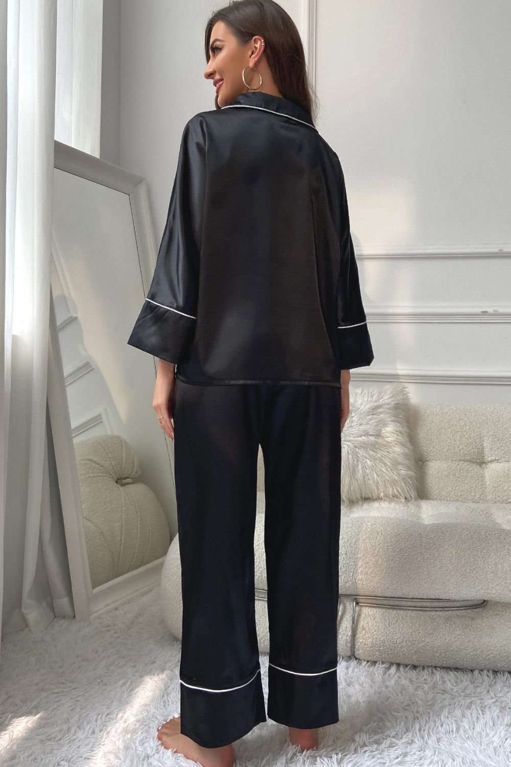 Contrast Piping Button-Up Top and Pants Pajama Set - Fashions Envy