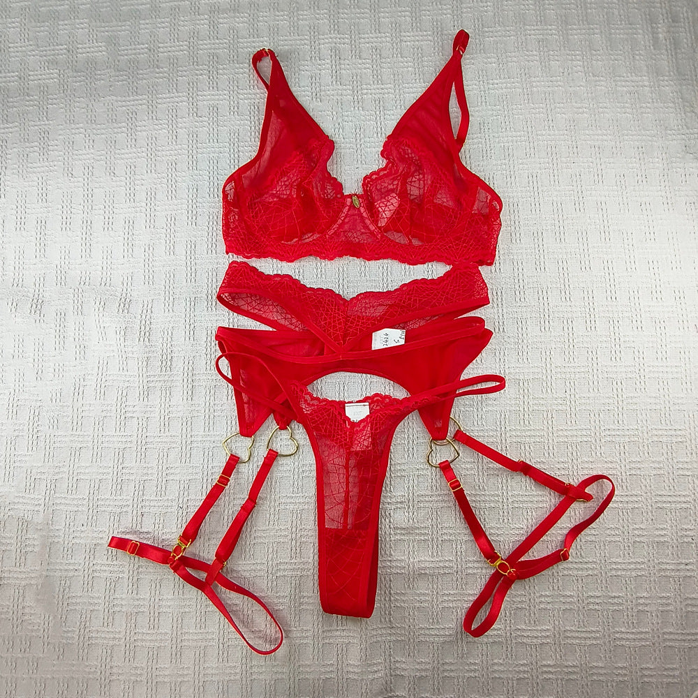 Red Lace Lingerie Set - Sheer Cups And Garter Straps
