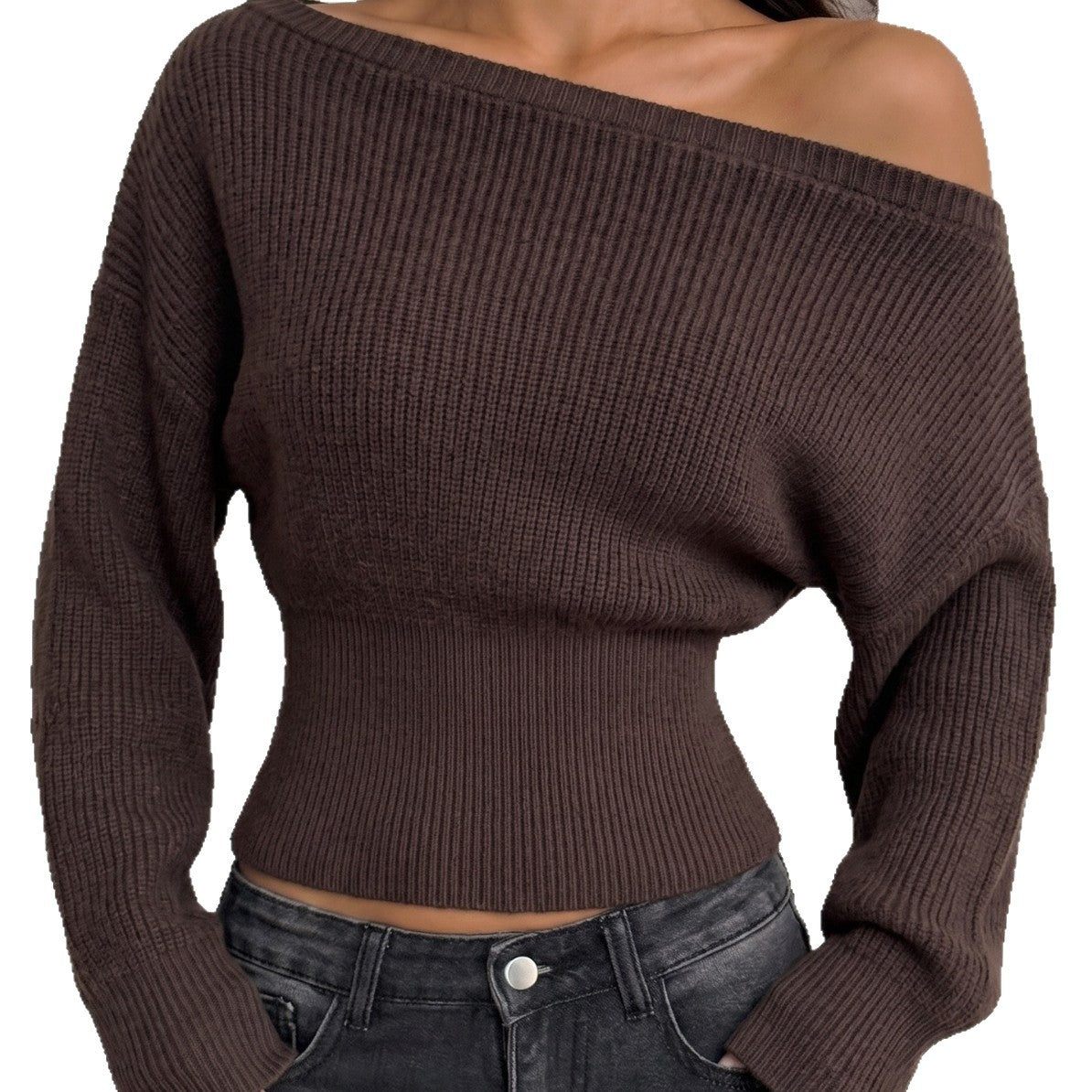 Style One-Shoulder Off-Shoulder Knit Sweater Long Sleeve Fitted Sexy Top for W