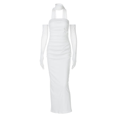 Halter Neck Strapless Maxi Dress - Open Back Mesh Glove Column Gown