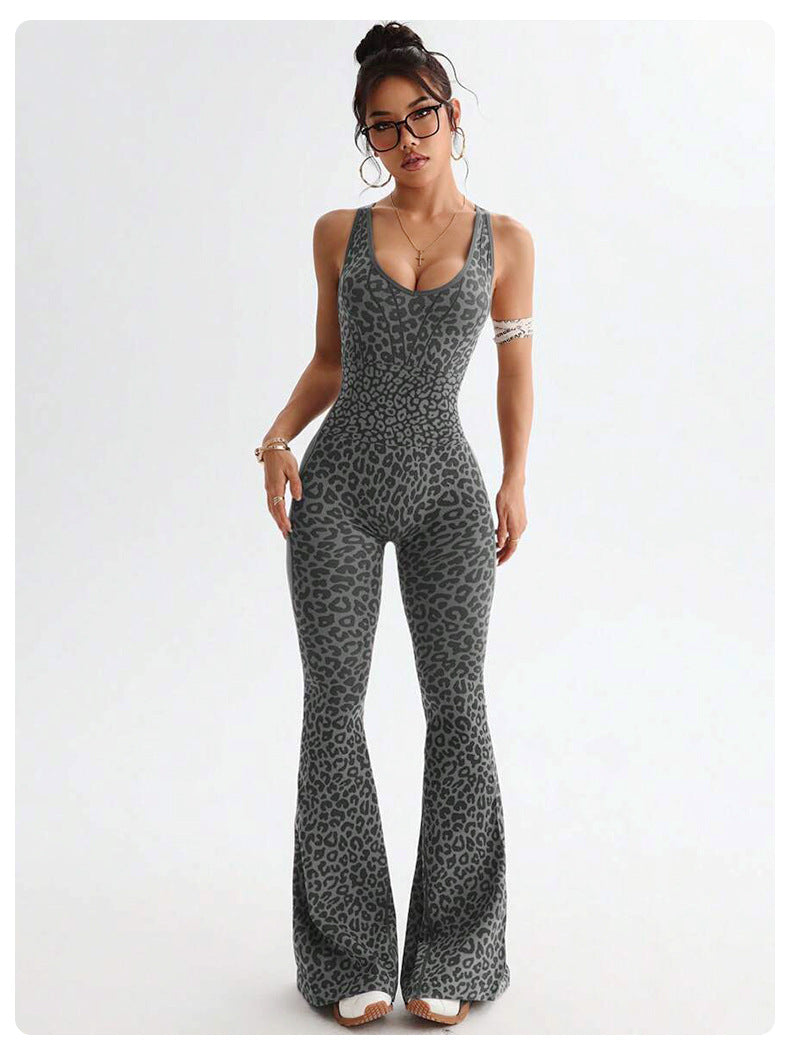 Cross-Back Flared Yoga Jumpsuit - Open Back and Scoop Neck