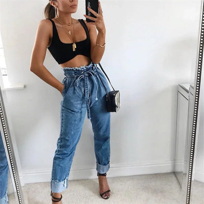 High Waisted Washed Pencil Jeans - Plus Size Denim Pants